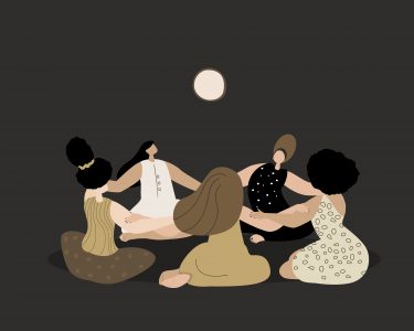 Illustration of a small group of women sitting in a circle under a night sky