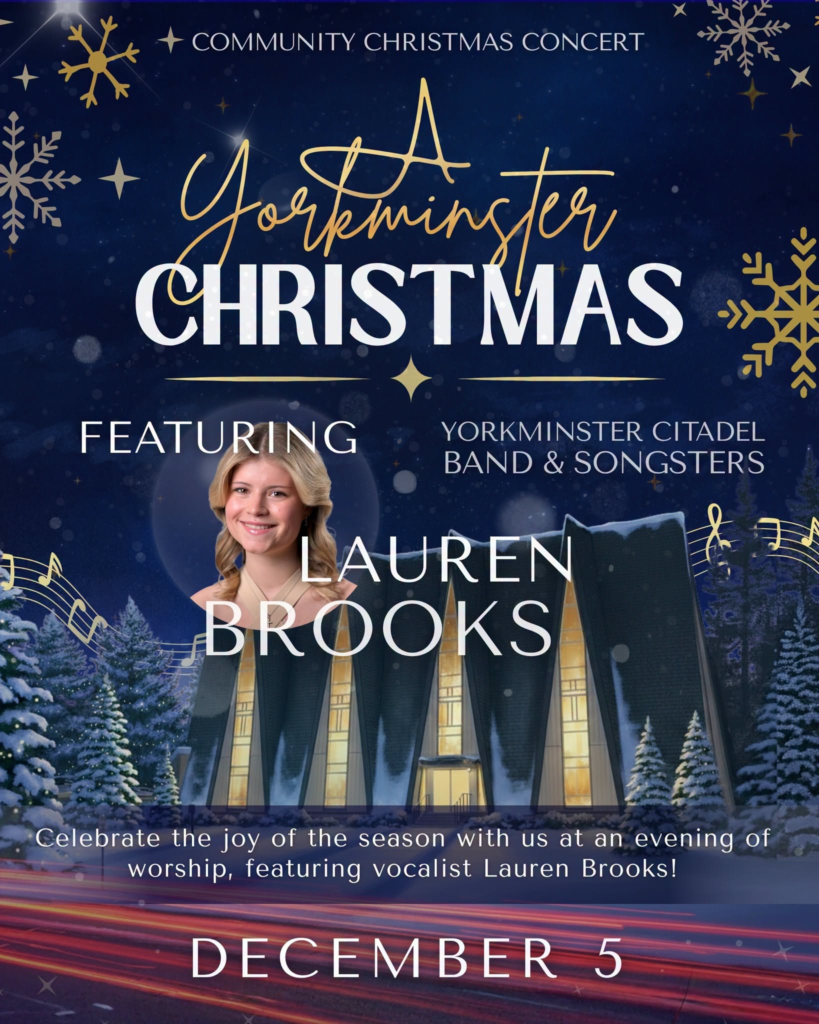 a festive, wintery image of the church with a picture of the guest soloist